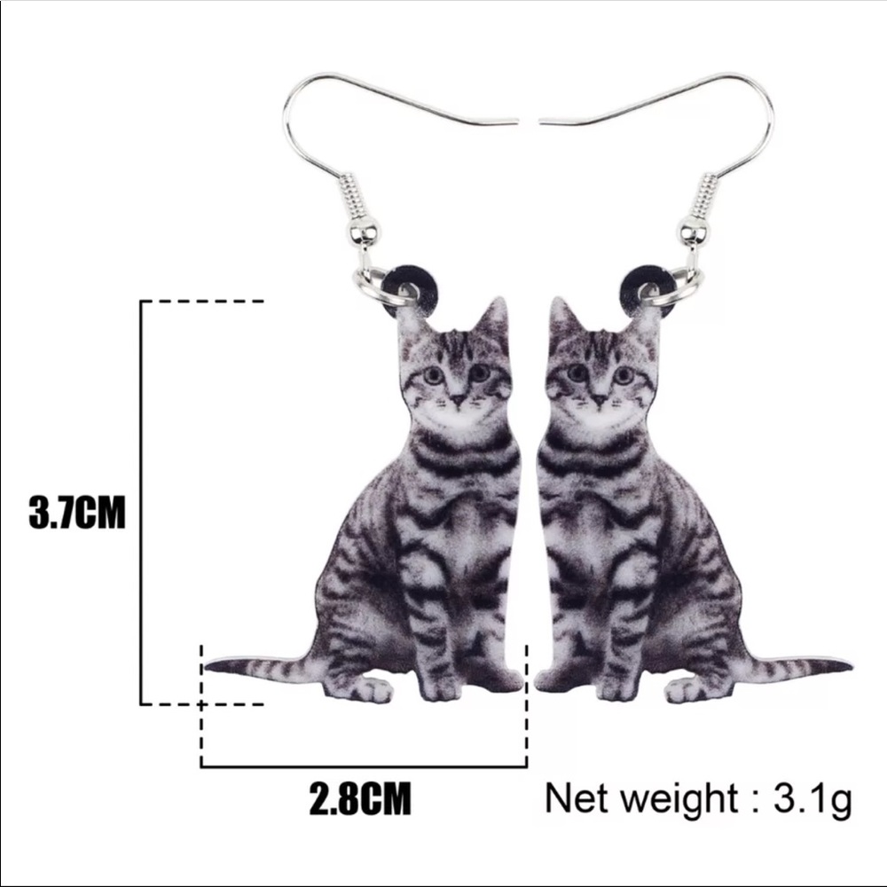 Grey Kitty Cat With Black Stripes Acrylic Earrings - Picture 5 of 5
